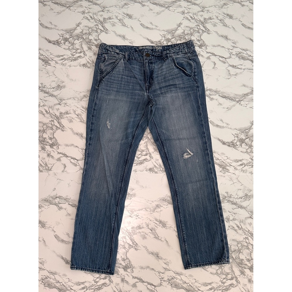 American Eagle Slouchy Jeans Womens 6 Medium Wash Distressed Straight Leg Denim